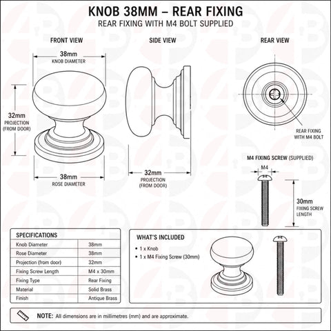 Technical drawing of 38mm antique brass cupboard knob with dimensions and M4 rear fixing details