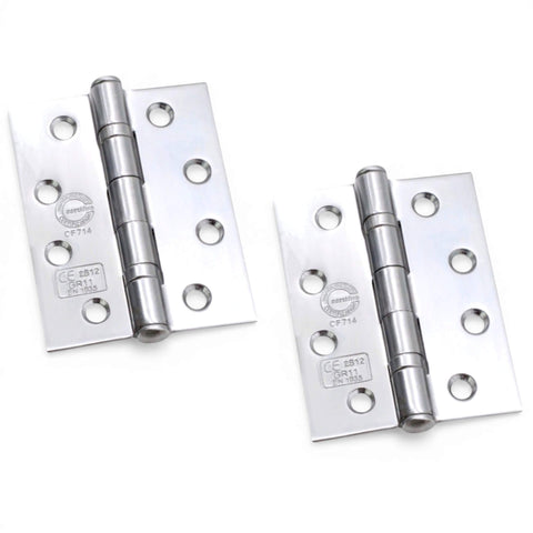 Pair of polished chrome CE11 ball bearing butt hinges, 100mm steel fire rated door hinges on white background.