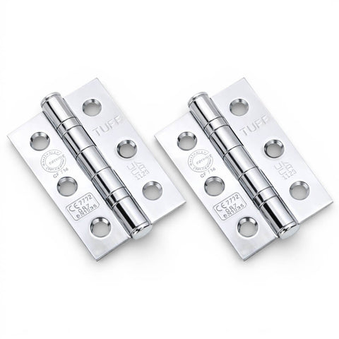 Pair of polished chrome CE7 ball bearing butt hinges, fire rated, shown at an angle on a white background