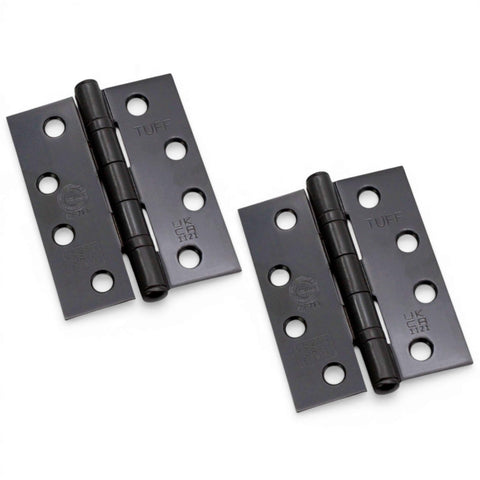 Pair of powder coated black CE11 ball bearing butt hinges, 100mm steel fire rated door hinges on white background.
