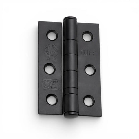 Powder coated black CE7 mild steel ball bearing butt hinge with fire rating marks and fixing holes