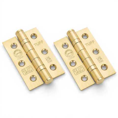 Pair of satin brass CE7 ball bearing butt hinges, fire rated to BS EN 1935, shown side by side on a white background.