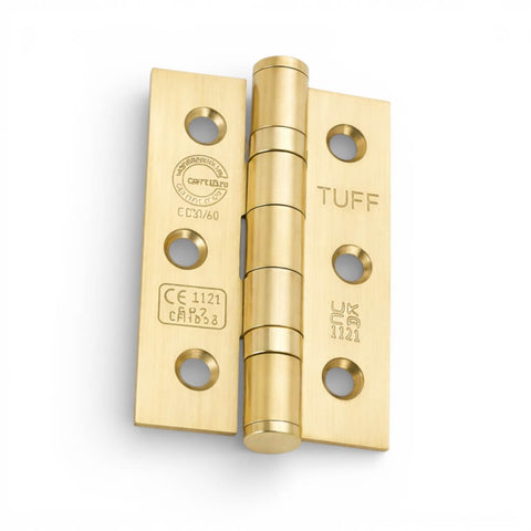Single satin brass CE7 mild steel ball bearing butt hinge, fire rated, showing smooth finish, fixing holes, and certification markings.