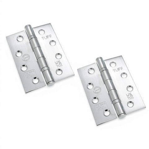 Pair of satin chrome CE11 ball bearing butt hinges, 100mm steel fire rated door hinges with brushed finish on white background.
