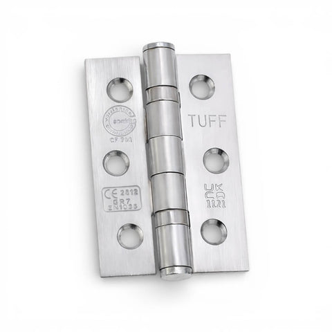 Satin chrome CE7 mild steel ball bearing butt hinge, fire rated to BS EN 1935, front view on a white background.