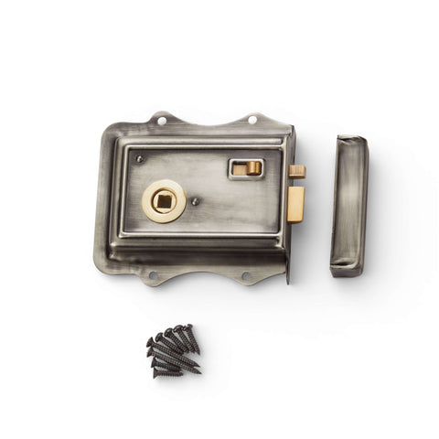 Olde Victorian rim lock in pewter finish with polished brass latch, supplied with keep and fixing screws