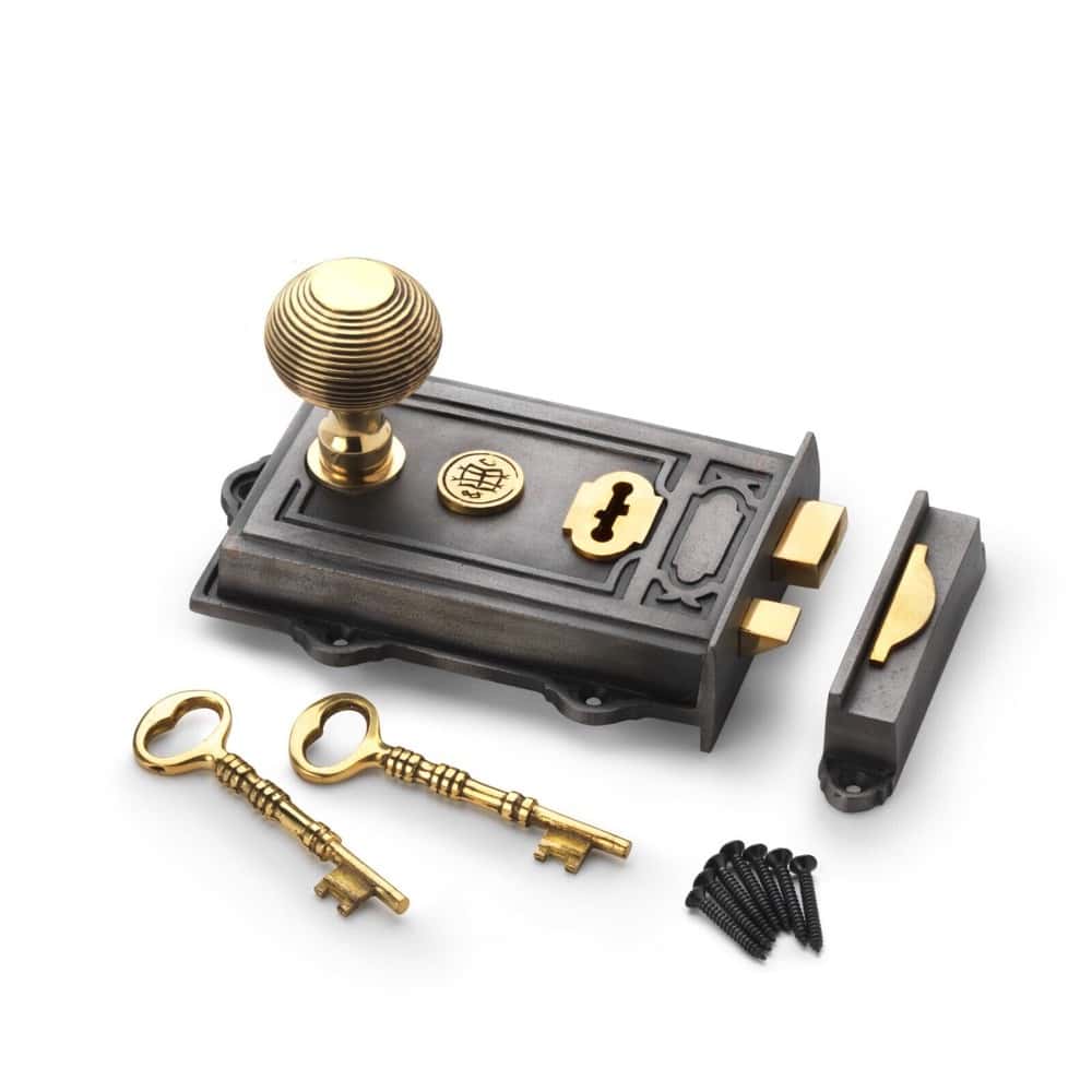 Pewter Cast Iron Davenport Rim Lock Solid Aged Brass Beehive Door Knobs