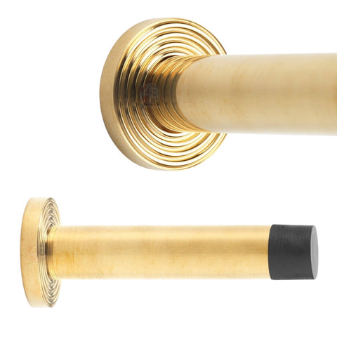 Polished Solid Brass Cylinder Projected Plain Door Stop Reeded Backplate