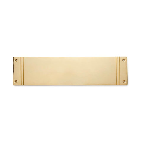 Unlacquered polished brass solid brass reeded push plate, 305mm x 75mm, front view with fixing holes visible
