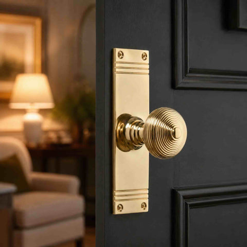 Polished brass beehive door knob on a tall reeded backplate fitted to a dark painted panelled interior door.
