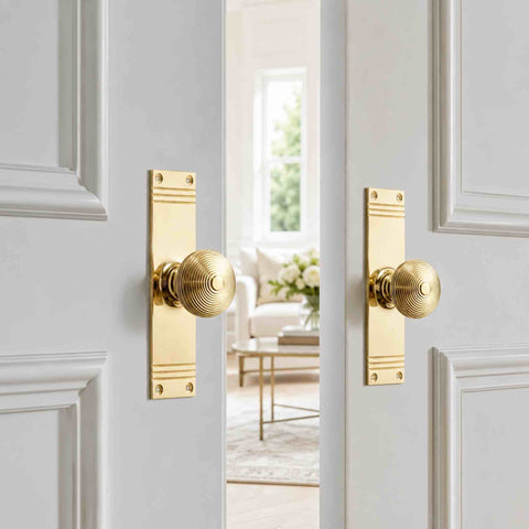 Pair of polished brass reeded beehive door knobs on tall backplates fitted to white panelled double doors.