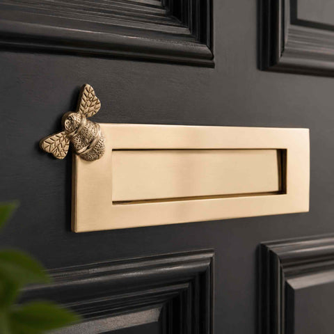 1. Polished brass bumble bee letter plate fitted to a black traditional front door