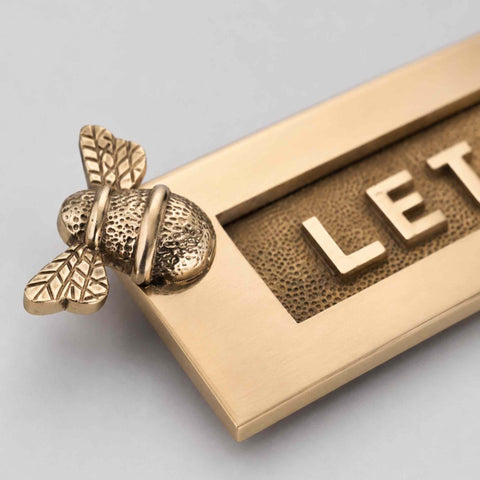 Close-Up of Bumble Bee Detail on Unlacquered Polished Brass LETTERS Letter Plate