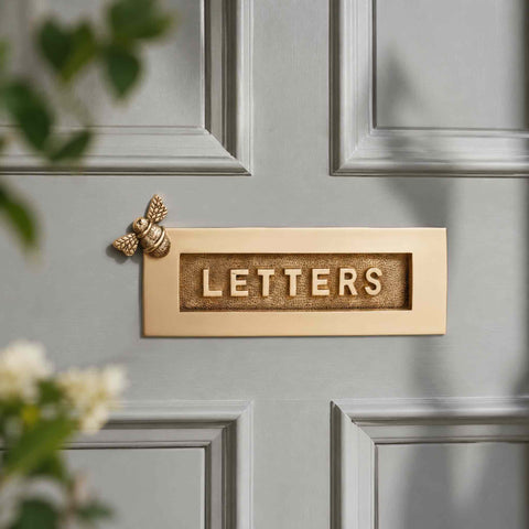 Bumble Bee LETTERS Letter Plate in Unlacquered Polished Brass Fitted to Grey Front Door