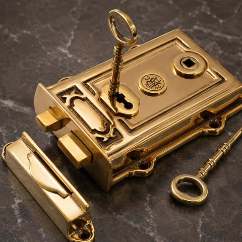 Polished Brass Davenport Rim Lock with Key and Matching Keep