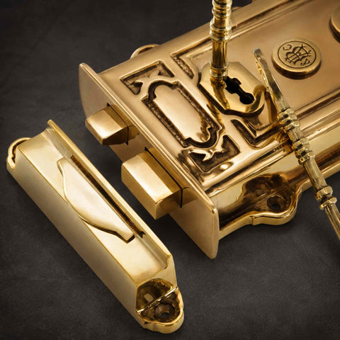 Detailed View of Polished Brass Davenport Rim Lock Bolt and Keep Mechanism