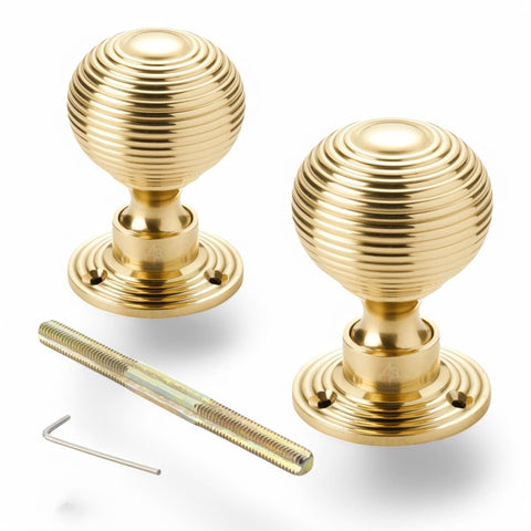 Polished Brass Davenport Rim Lock 50mm Beehive Door Knobs Knob Set Solid Period