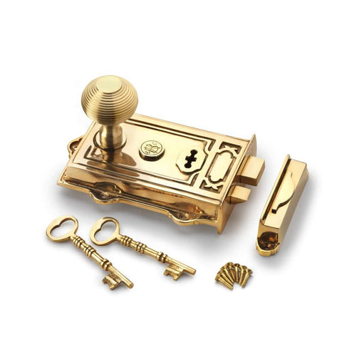 Polished Brass Davenport Rim Lock Solid Satin Brass Beehive Door Knobs