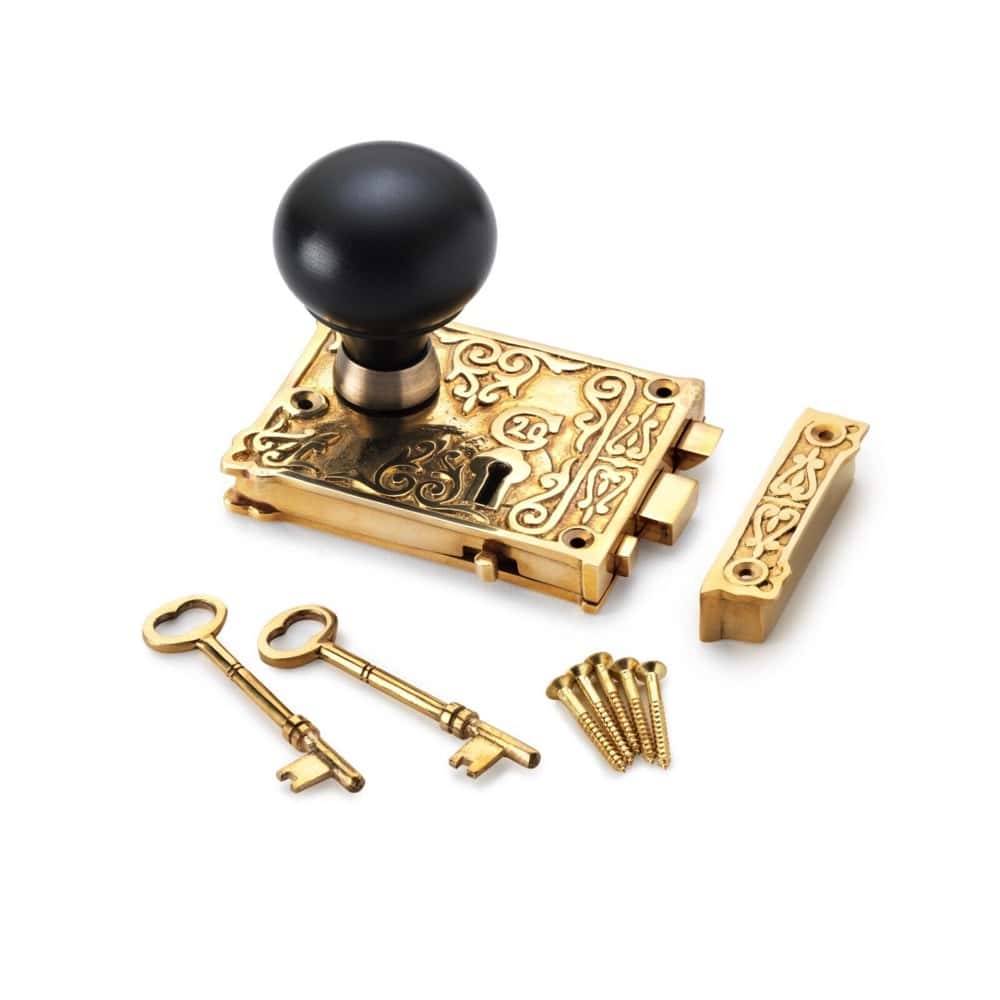 Polished Brass Floral Rim Lock Ebony Bun Knobs – ABHardware