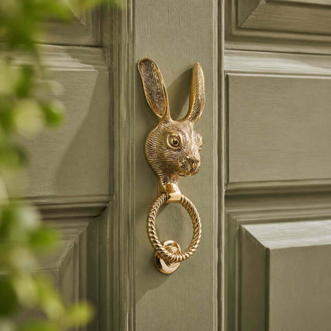 Close-up side view of polished brass hare door knocker mounted on a sage green front door.