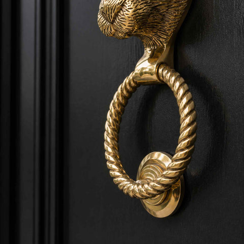 Close-up of polished brass reeded ring and strike plate mounted on a black front door.