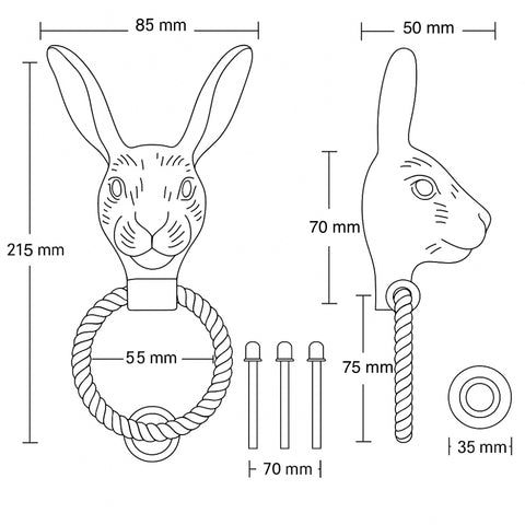Technical drawing of polished brass hare door knocker with dimensions, fixing centres and included hardware.