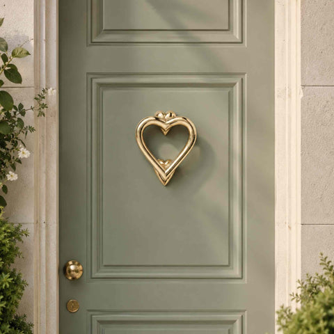 Unlacquered Polished Brass Heart Door Knocker Installed on a Sage Green Front Door