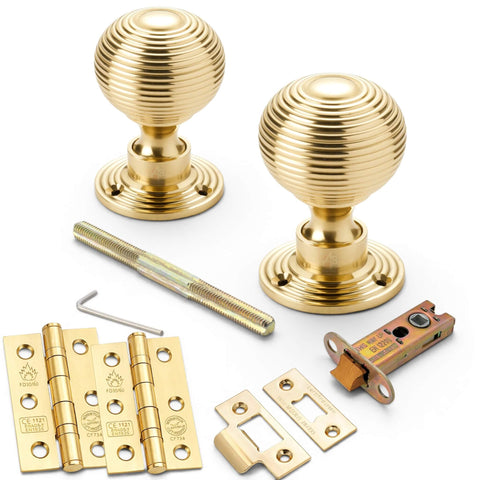 Polished Brass Hollow Beehive Door Knobs