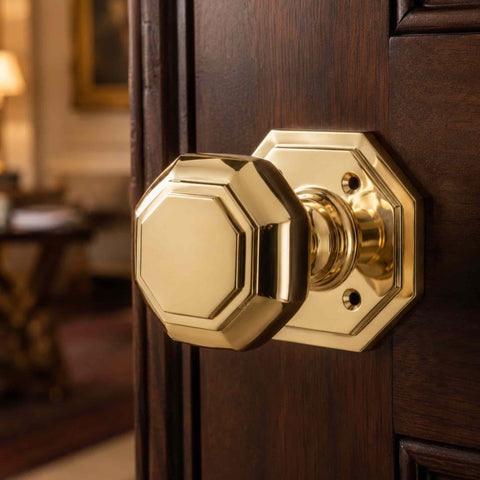 Polished brass octagonal door knob fitted to a dark wooden internal door