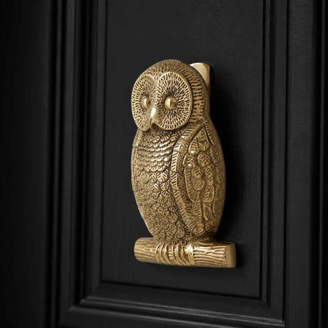 Polished brass owl door knocker installed on a black panelled entrance door, showcasing the detailed owl features and premium finish.