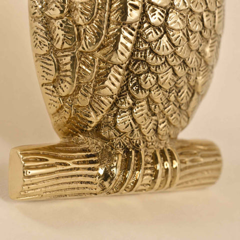 Close-up of the polished brass owl door knocker lower section showing the detailed feather texture and decorative branch perch.