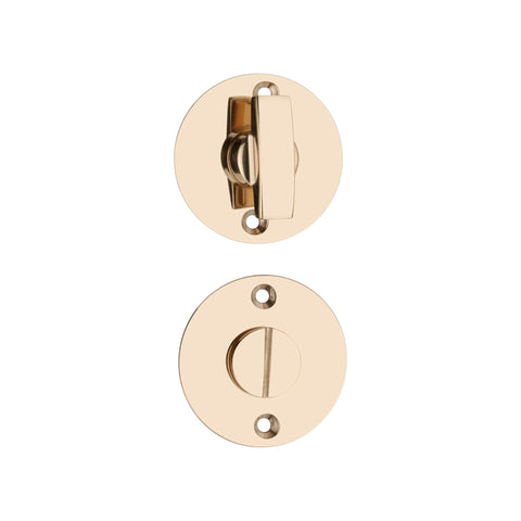 Front and Rear View of Unlacquered Polished Brass Bathroom Thumb Turn