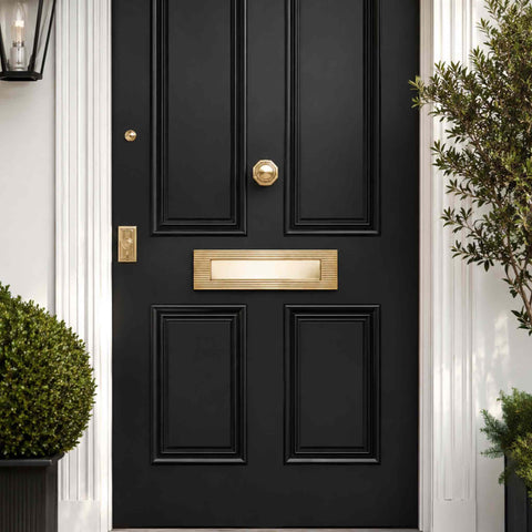 Unlacquered Polished Brass Reeded Letter Plate Displayed on Traditional Black Front Door