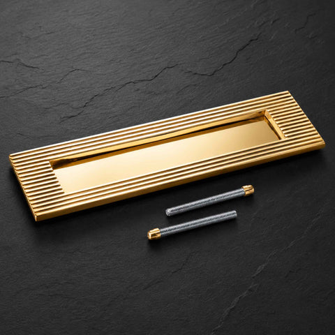 Unlacquered Polished Brass Reeded Letter Plate Product Shot with Fixing Bolts on Dark Surface