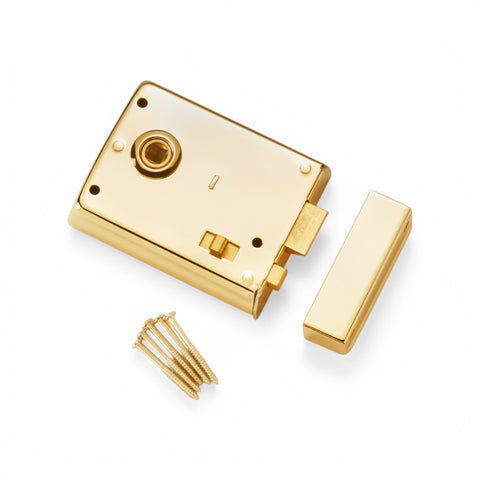 Polished brass rim latch lock with snib and keep plate with fixing screws