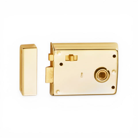 Polished brass rim latch lock side profile showing case depth and latch mechanism