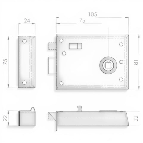 Polished brass rim latch lock technical drawing with dimensions and snib detail