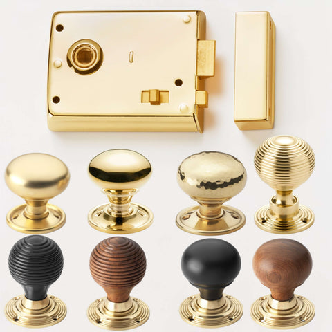 Polished brass rim latch lock with multiple door knob options including beehive, bun, cottage and hammered styles in brass, black and wood finishes