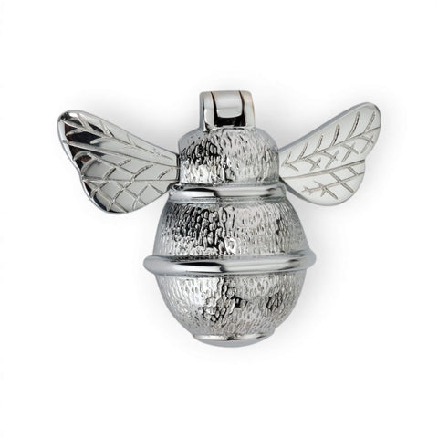Polished chrome bumble bee door knocker straight on view highlighting engraved wing detail and high shine finish