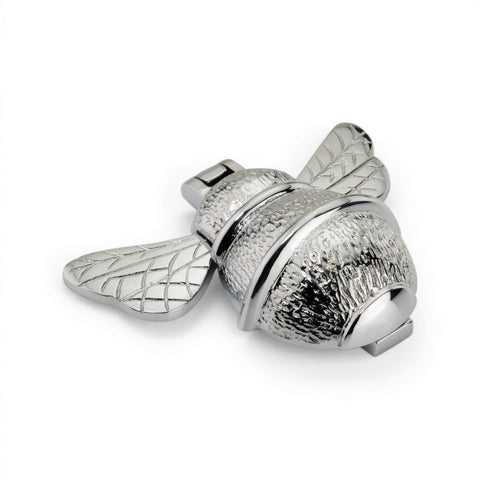 Polished chrome bumble bee door knocker angled side view showing curved body and reflective chrome surface