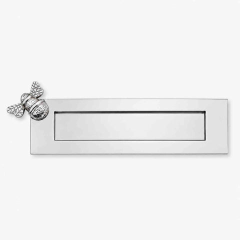 Front view of polished chrome Bumble Bee letter box plate showing plain sprung letter flap