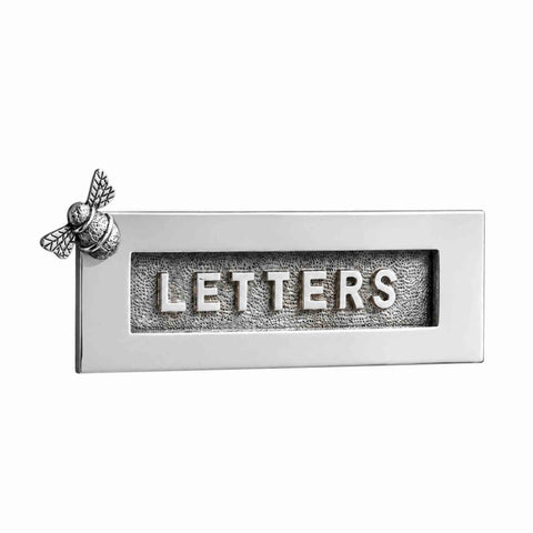 Front view of polished chrome Bumble Bee letter plate with raised LETTERS wording and textured sprung flap