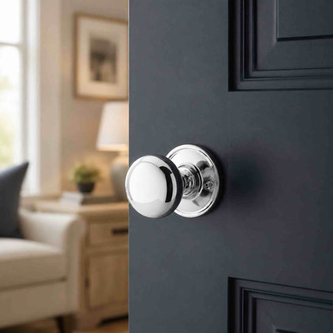 Polished chrome cottage door knob fitted to a dark blue panelled internal door with round backplate.