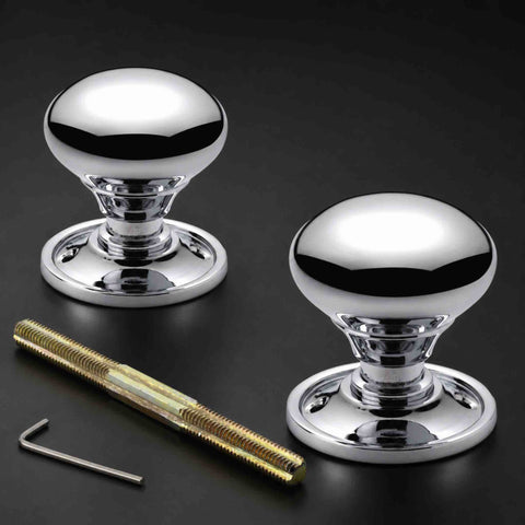 Pair of polished chrome mushroom cottage door knobs with round backplates, threaded spindle and Allen key.