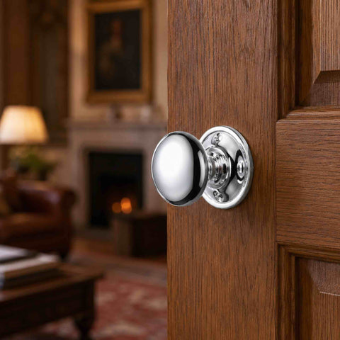 Polished chrome cottage door knob fitted to a traditional wooden panelled internal door in a period-style interior.