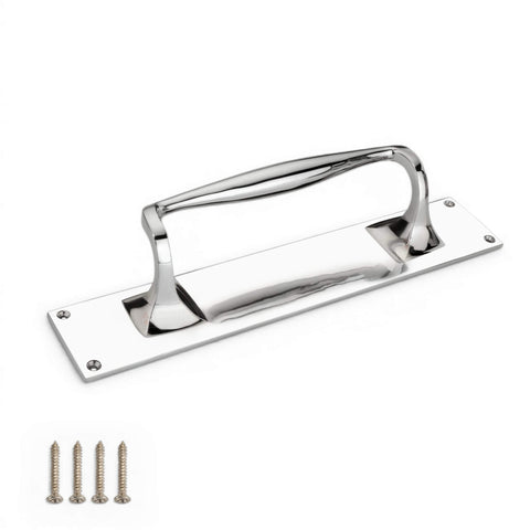 Polished chrome door pull handle on backplate shown horizontally with four matching fixing screws included.