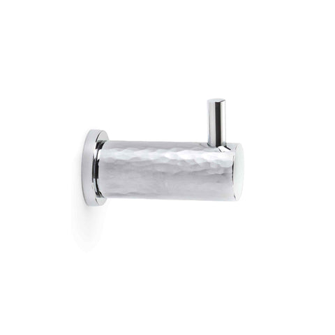 Polished chrome hammered coat hook mounted on a round rose backplate