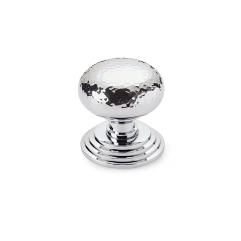 Hammered polished chrome cottage centre door knob with stepped circular backplate, front view on white background
