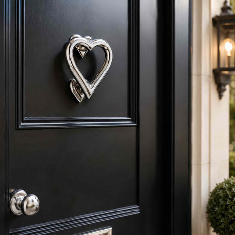 Polished Chrome Heart Door Knocker Installed on a Traditional Black Entrance Door with Matching Chrome Door Furniture
