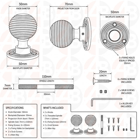 Technical drawing and dimensions for polished chrome reeded beehive mortice door knobs with spindle and fixings included.